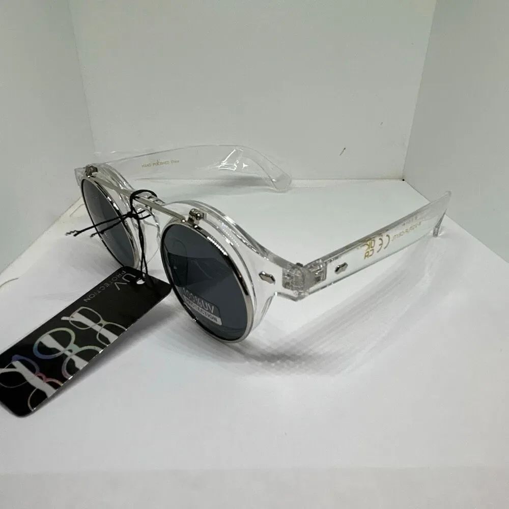 Retro Flip Up Round Sunglasses Smoke Lens Clear Frame UV Protection